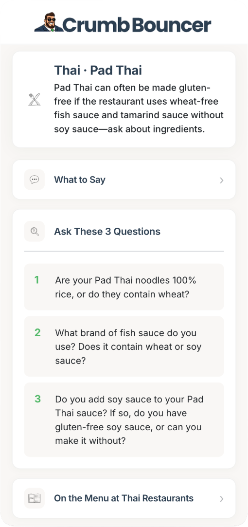 Crumb Bouncer results screen showing Thai Pad Thai guidance